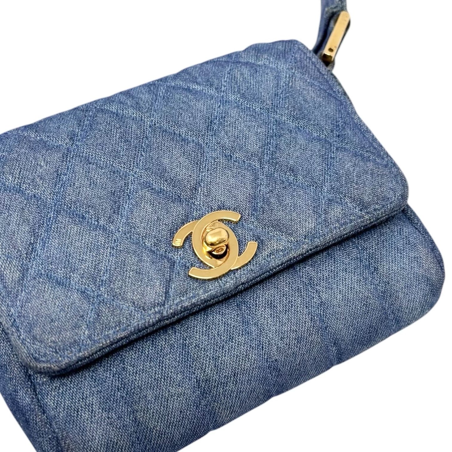 CHANEL Vintage CC Logo Turnlock Quilted Denim Flap Shoulder Bag Blue Gold