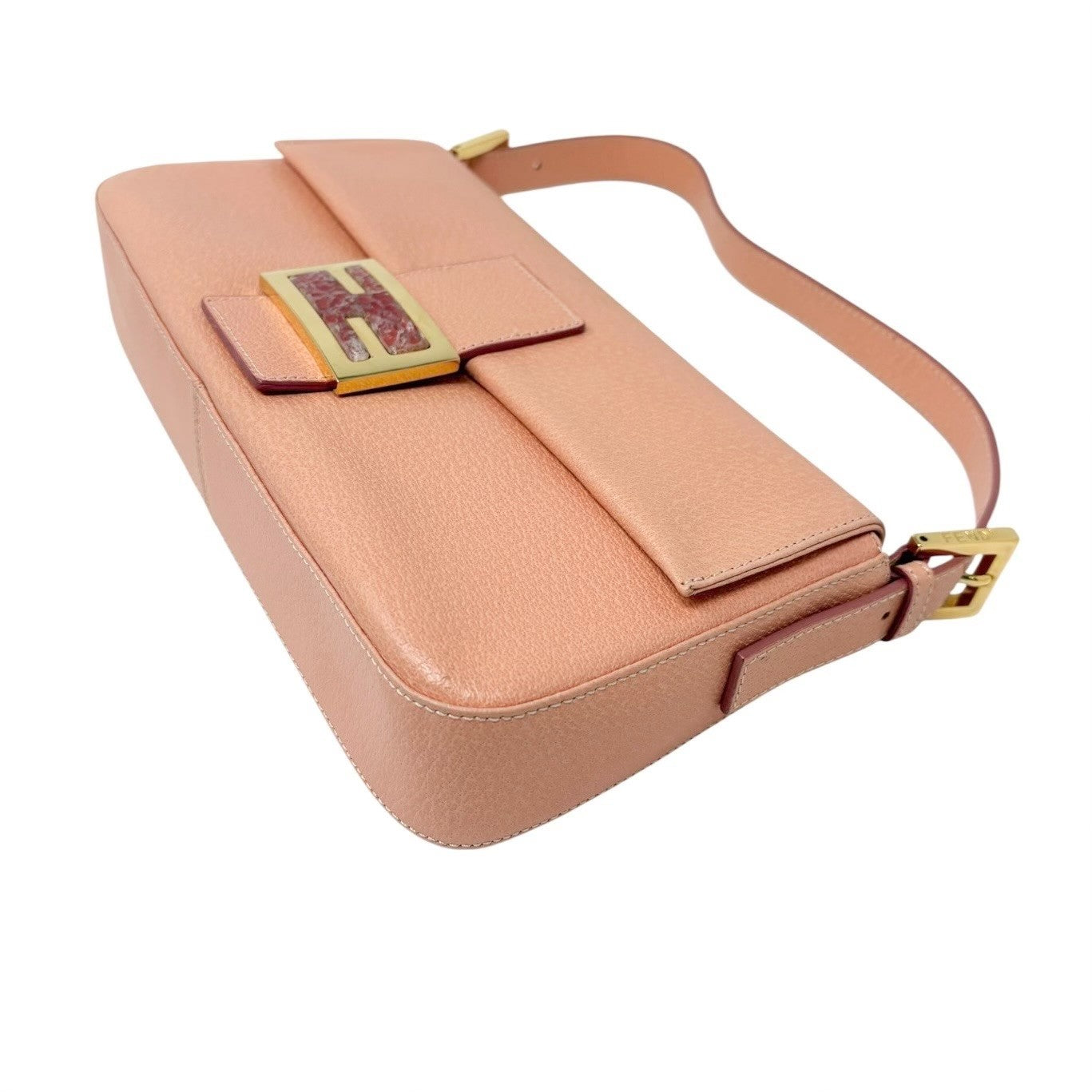 FENDI Vintage FF Logo Mamma Baguette Shoulder Bag Handbag Salmon Pink Leather