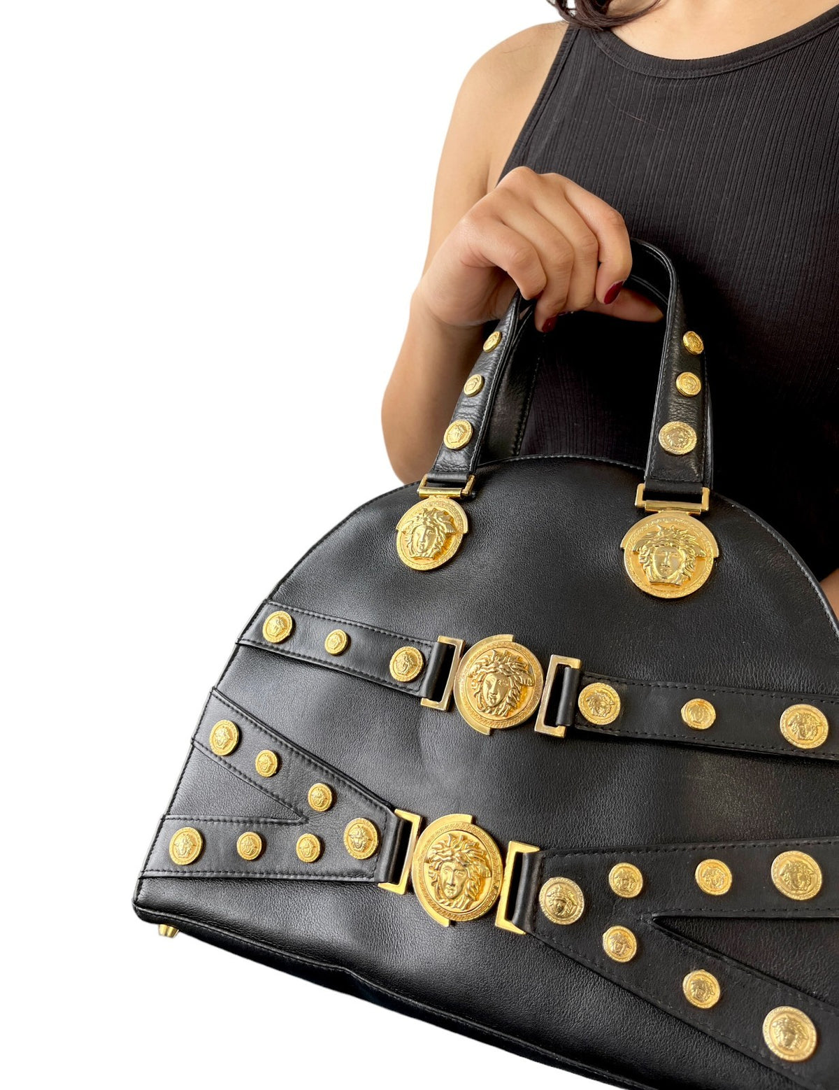 GIANNI VERSACE Vintage Medusa Logo Top Handle Bag Black Gold Leather Zip 902957