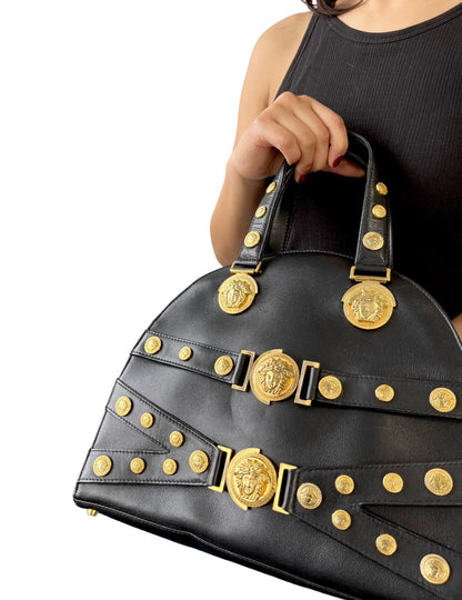 GIANNI VERSACE Vintage Medusa Logo Top Handle Bag Black Gold Leather Zip 902957