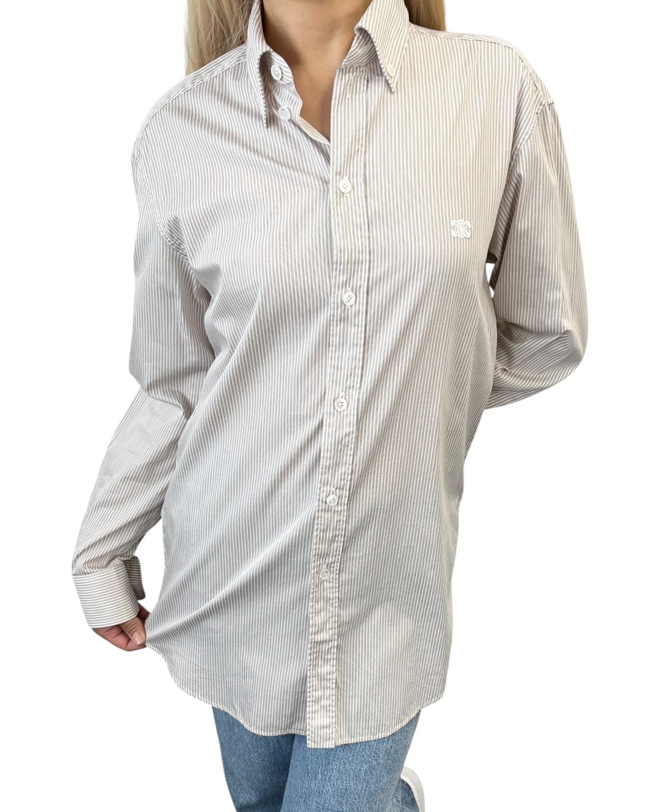 CELINE Triomphe Logo Stripe Button Up Shirt Long Sleeve #34 Brown White 901967