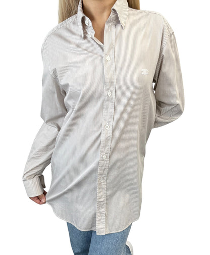 CELINE Triomphe Logo Stripe Button Up Shirt Long Sleeve #34 Brown White 901967