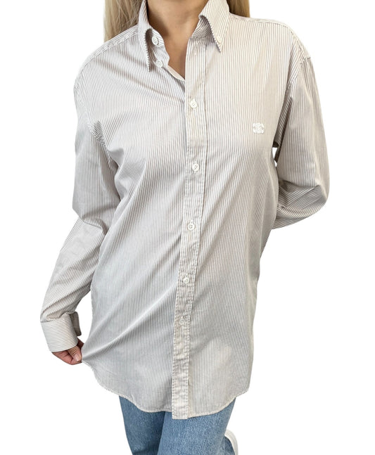 CELINE Triomphe Logo Stripe Button Up Shirt Long Sleeve #34 Brown White 901967