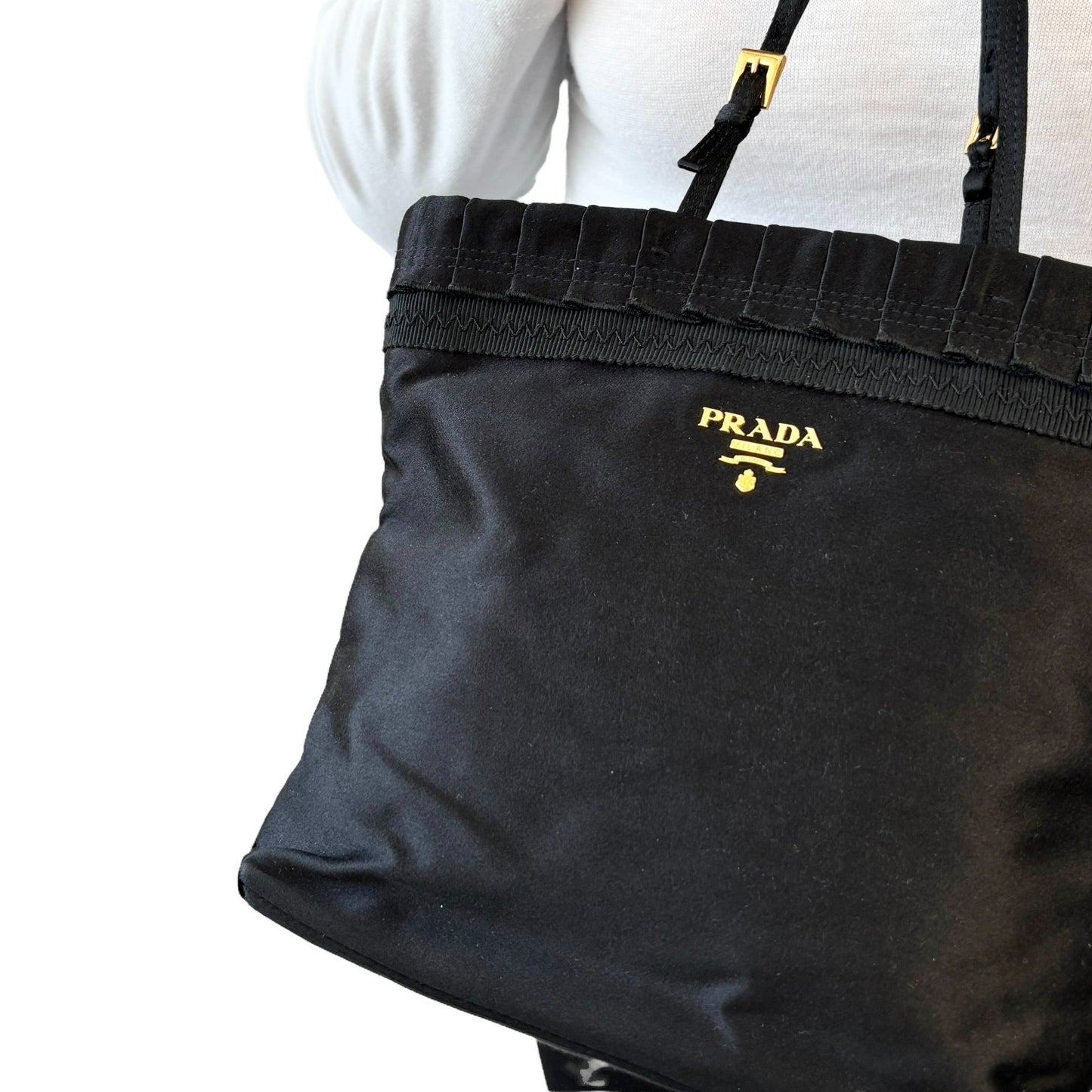 PRADA Vintage Logo Frill Mini Tote Bag Black Gold Satin Button 901834