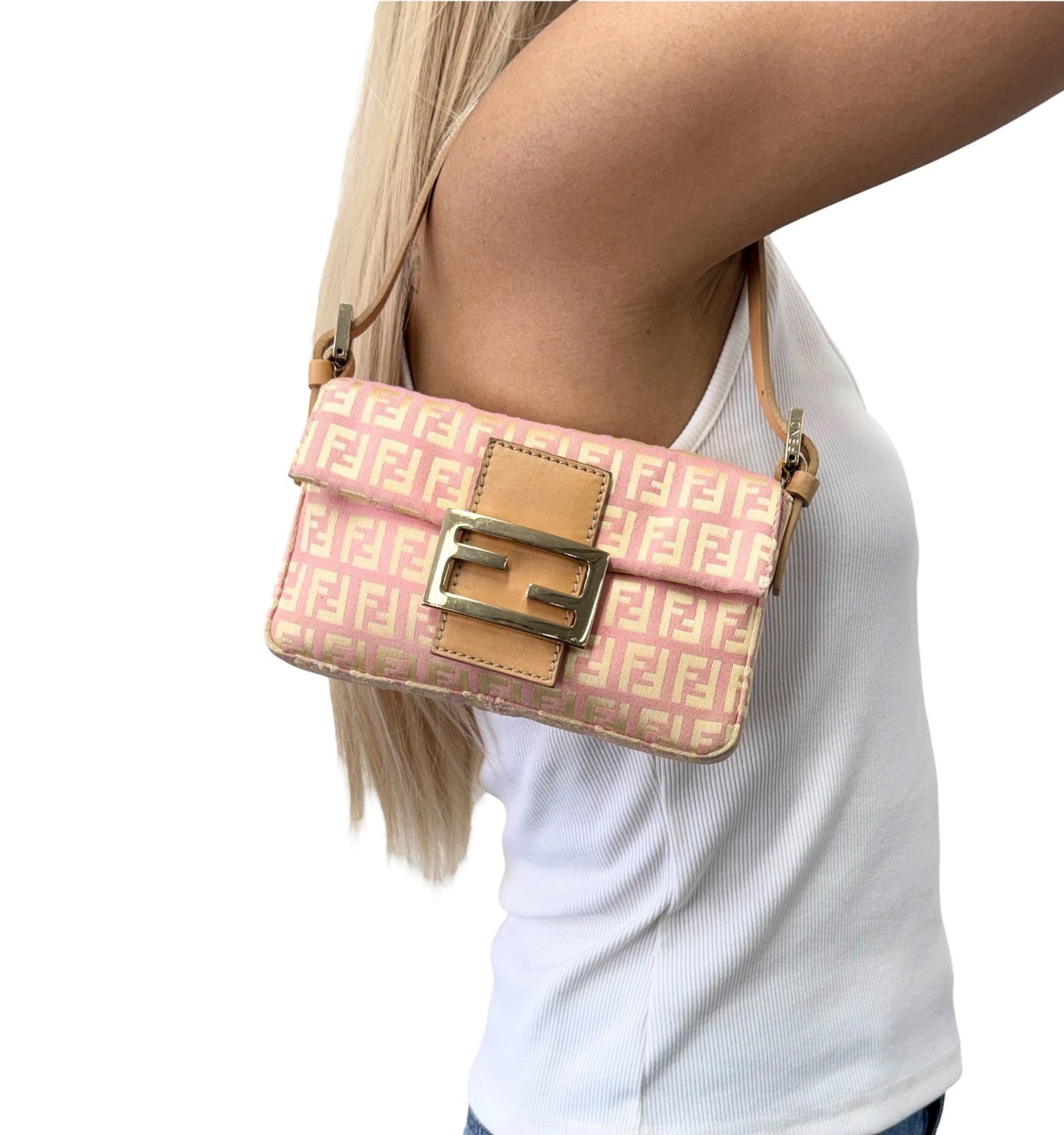 FENDI Vintage Zucchino Mamma Baguette Mini Bag Pochette Pink Beige 901893
