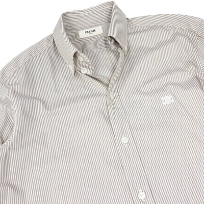 CELINE Triomphe Logo Stripe Button Up Shirt Long Sleeve #34 Brown White 901967