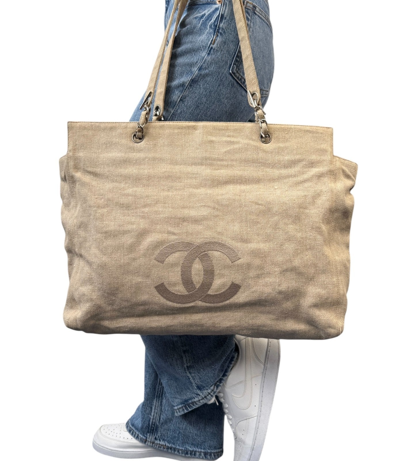 CHANEL Vintage CC Big Logo Shoulder Tote Large Bag Beige Canvas Linen Leather