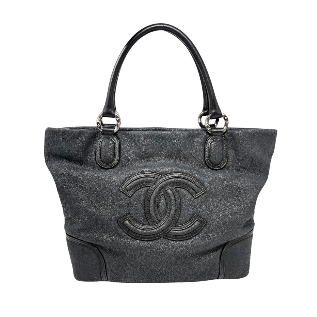 CHANEL Vintage Calfskin Leather Tote Shoulder Bag Black Distressed CC Stitch