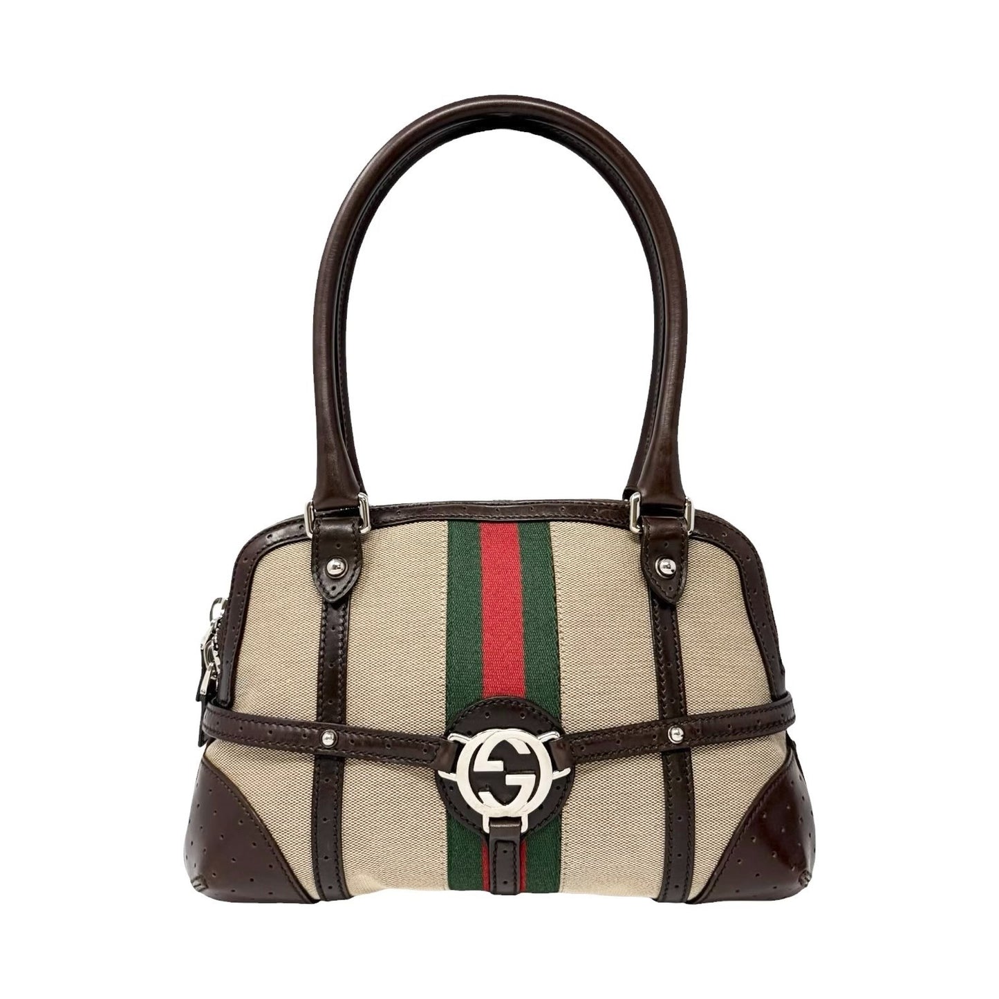 GUCCI Vintage GG Interlocking Web Stripe Canvas Shoulder Bag Beige Brown 901803