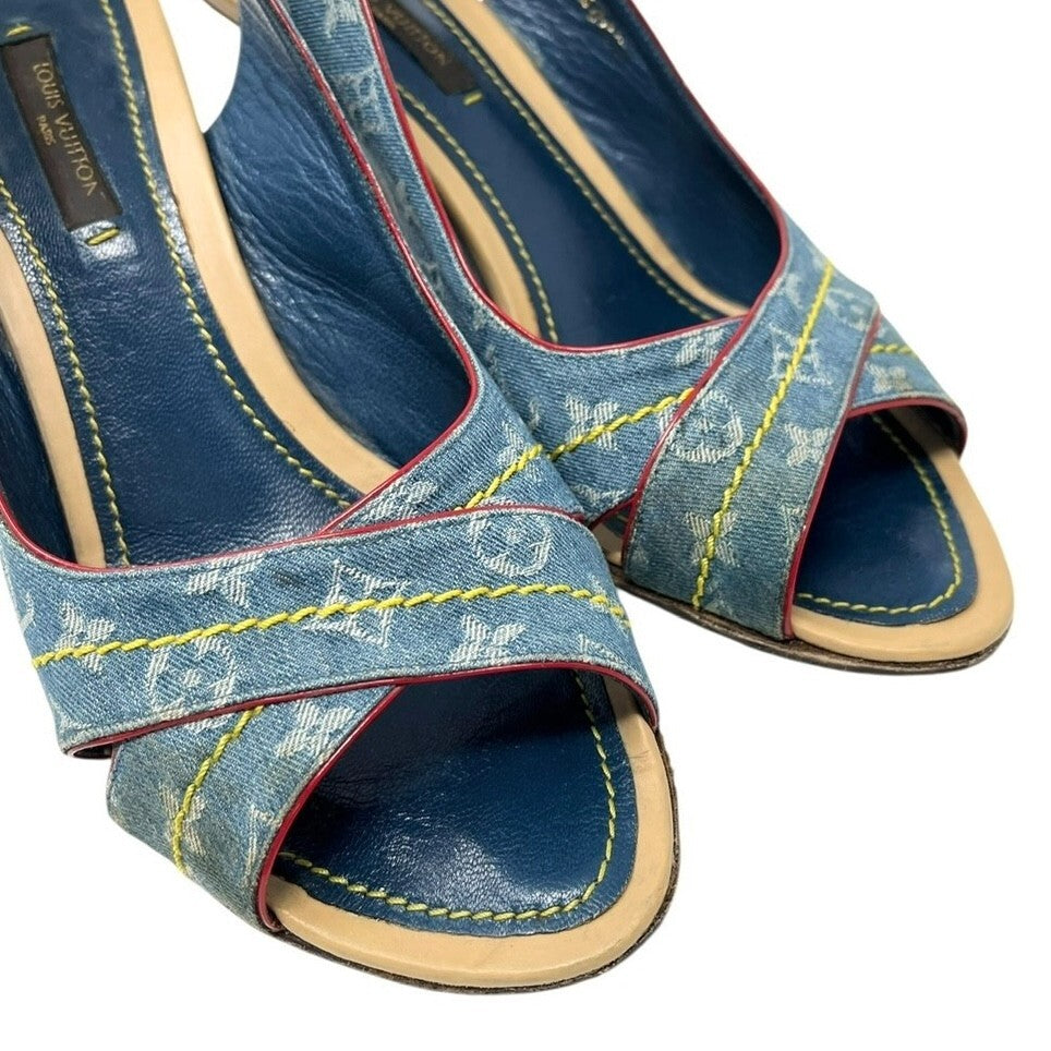 LOUIS VUITTON Vintage LV Logo Monogram Sandals #36.5-37 Blue Beige Denim Belt