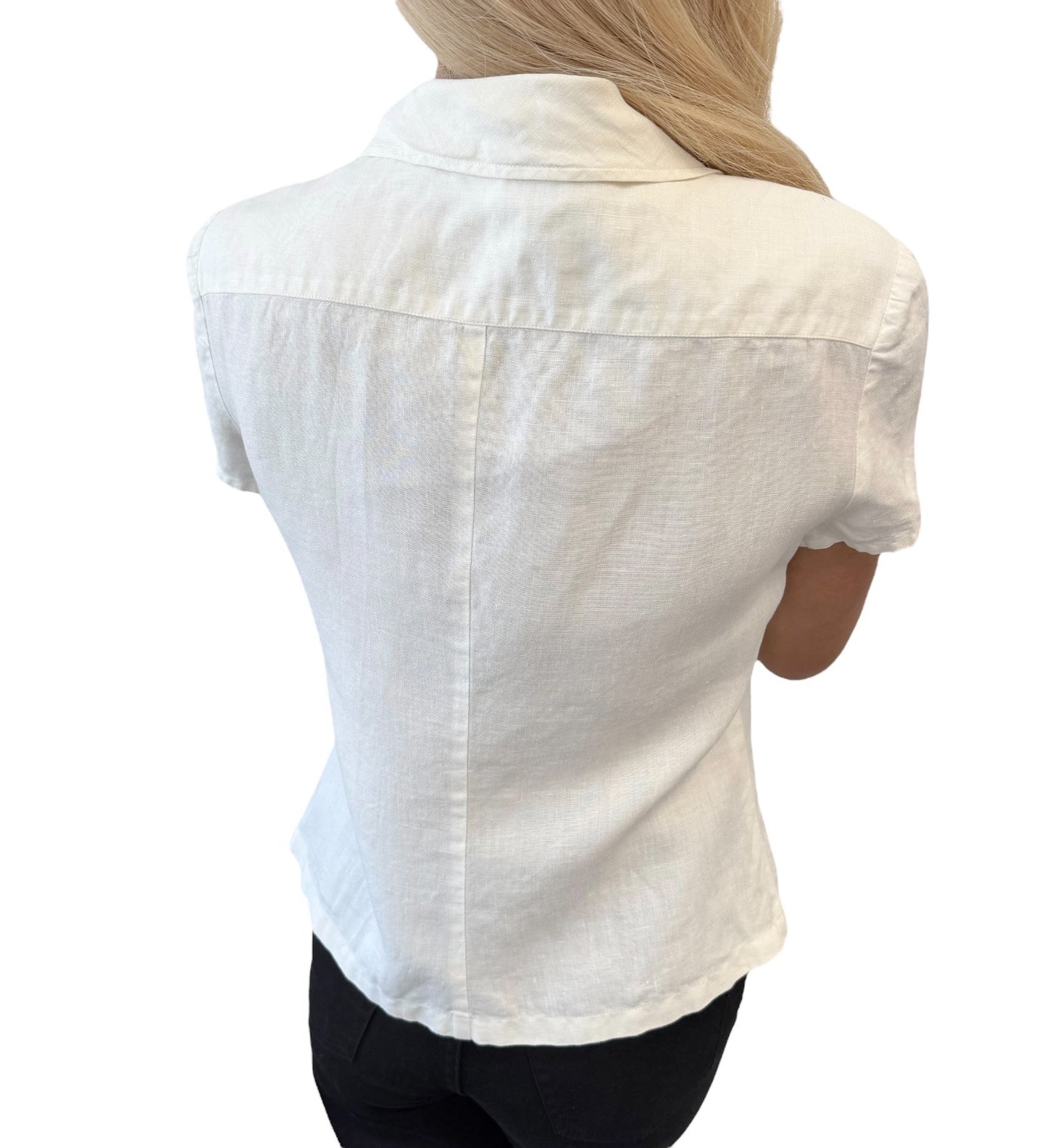 CHANEL Vintage 97P CC Logo Button Linen Shirt Top #40 Short Sleeve White Gold