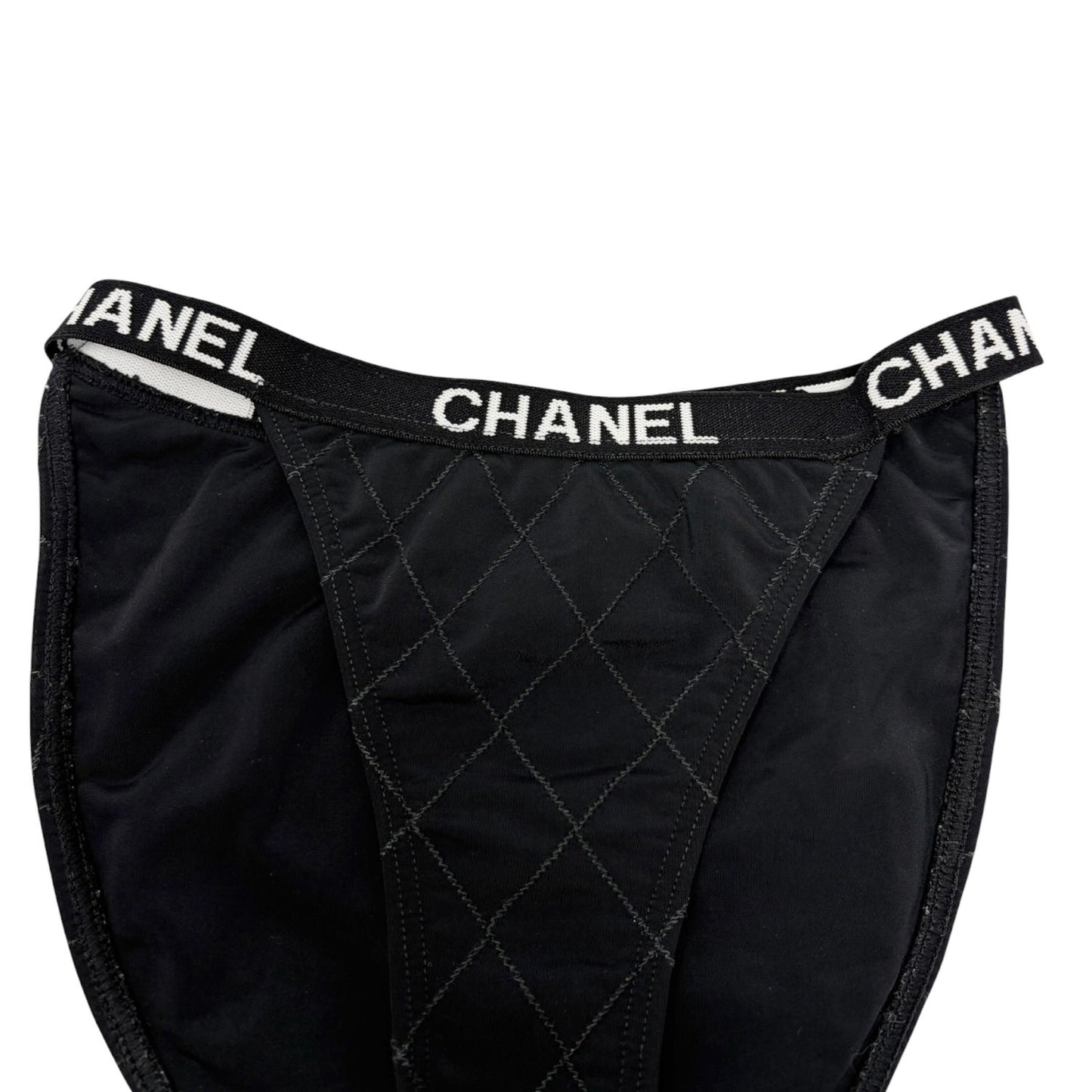 CHANEL Vintage CC Logo Swimsuit Swimwear Bikini Black White Nylon 106952