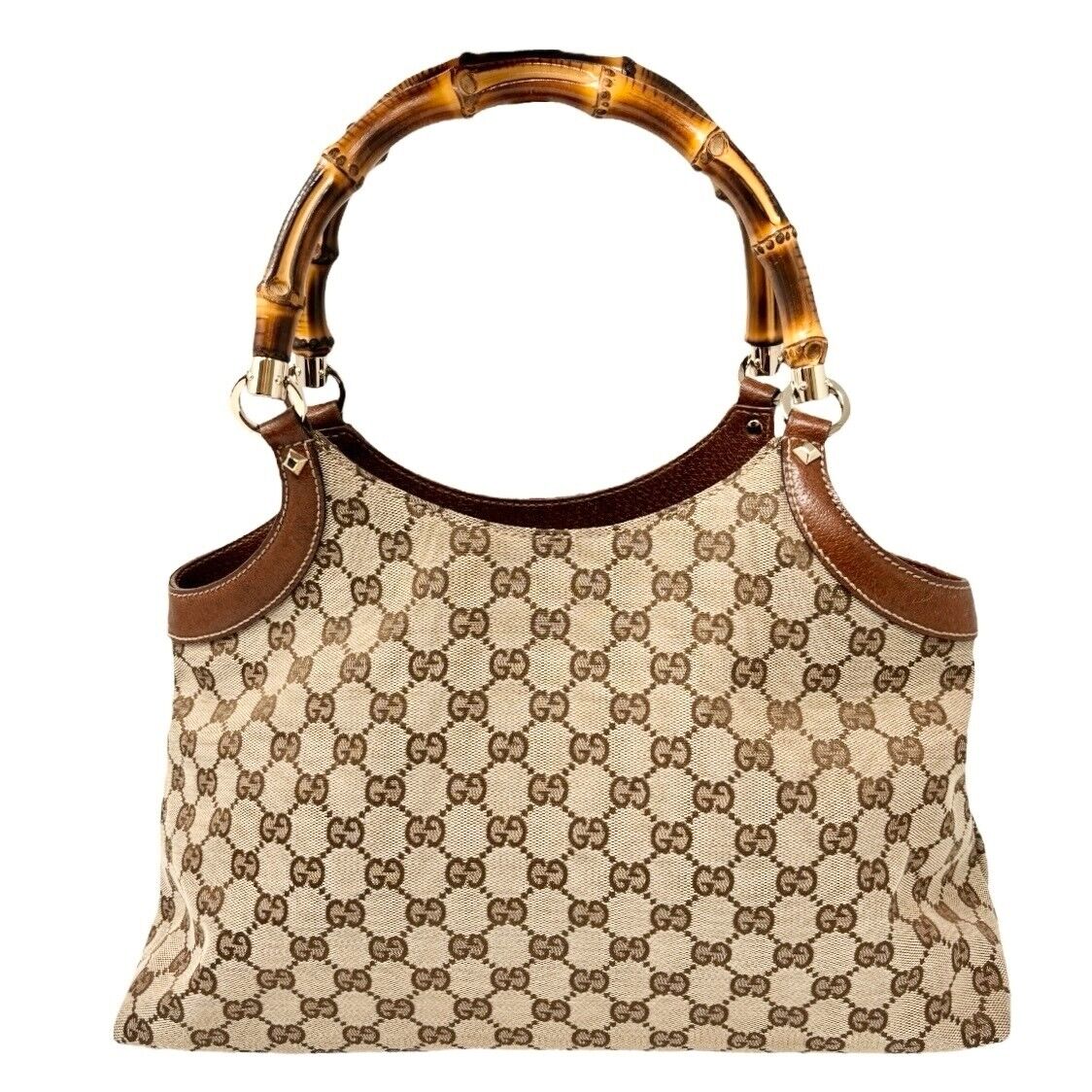 GUCCI Vintage GG Logo Monogram Bamboo Tote Bag Brown Gold Canvas Rank AB