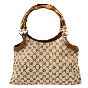 GUCCI Vintage GG Logo Monogram Bamboo Tote Bag Brown Gold Canvas Rank AB