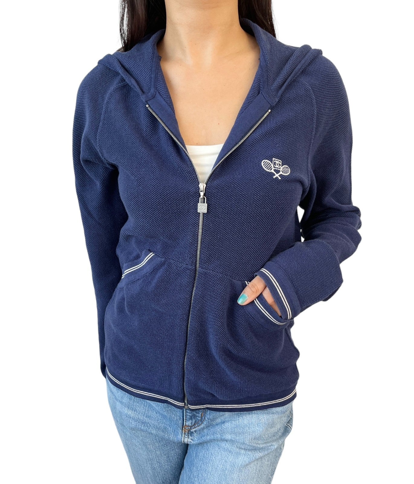 CHANEL Sport Vintage 05P CC Tennis Zipped Hoodie Jacket #38 Dark Blue Cotton