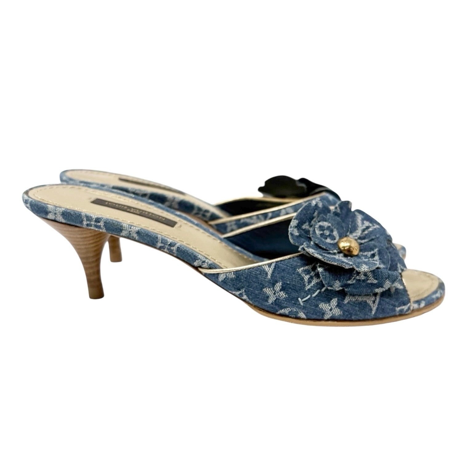 LOUIS VUITTON Vintage Monogram Denim Heels Sandals #36.5 Blue Gold Corsage