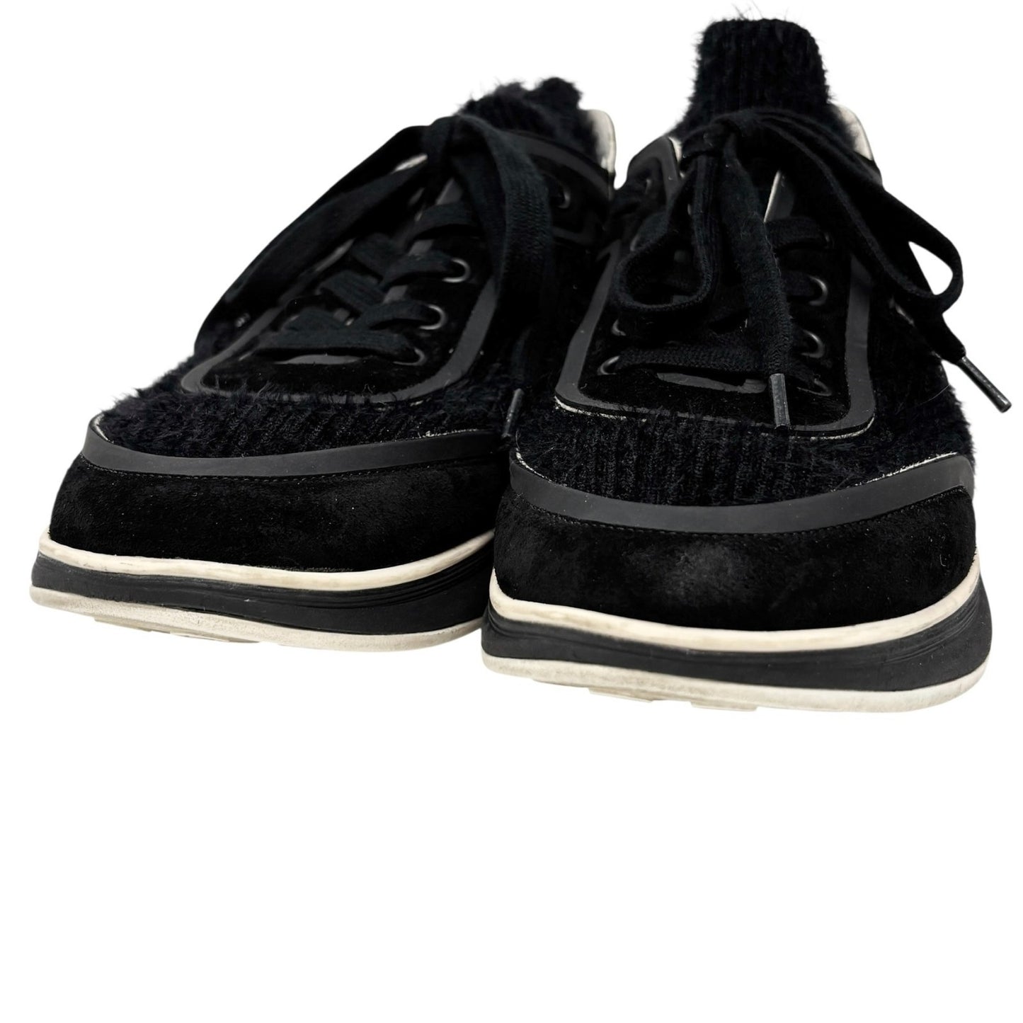 CHANEL Vintage G35202 CC Logo Socks Sneakers #37 Shoes Black White Suede