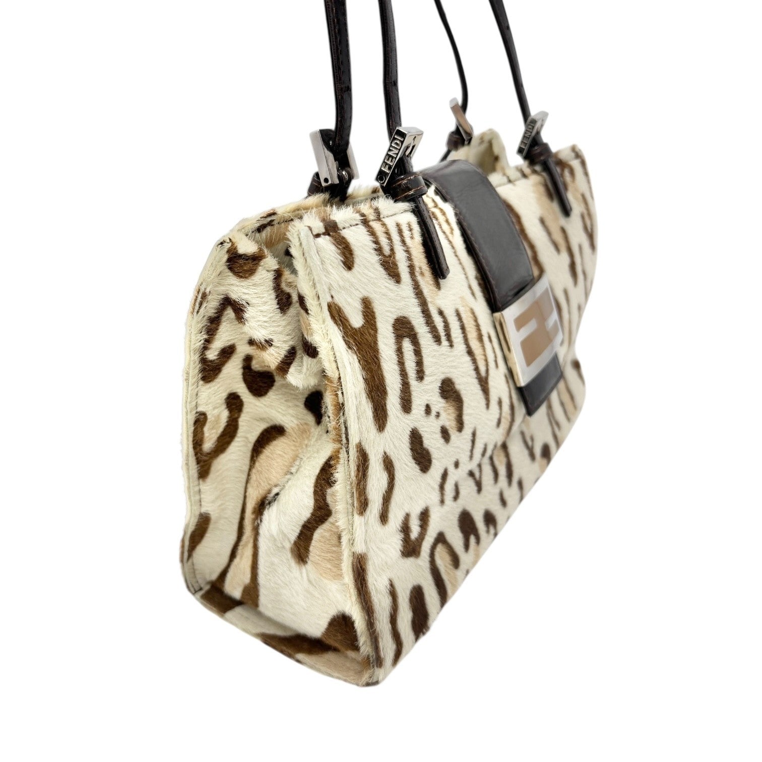 FENDI Vintage FF Logo Leopard Mamma Baguette Shoulder Bag Cream Brown Calf Hair