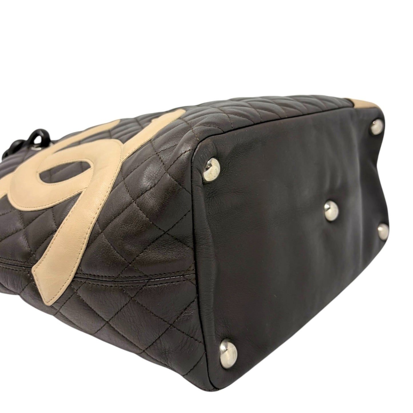 CHANEL Vintage Cambon Line CC Logo Quilted Tote Bag Brown Beige Leather