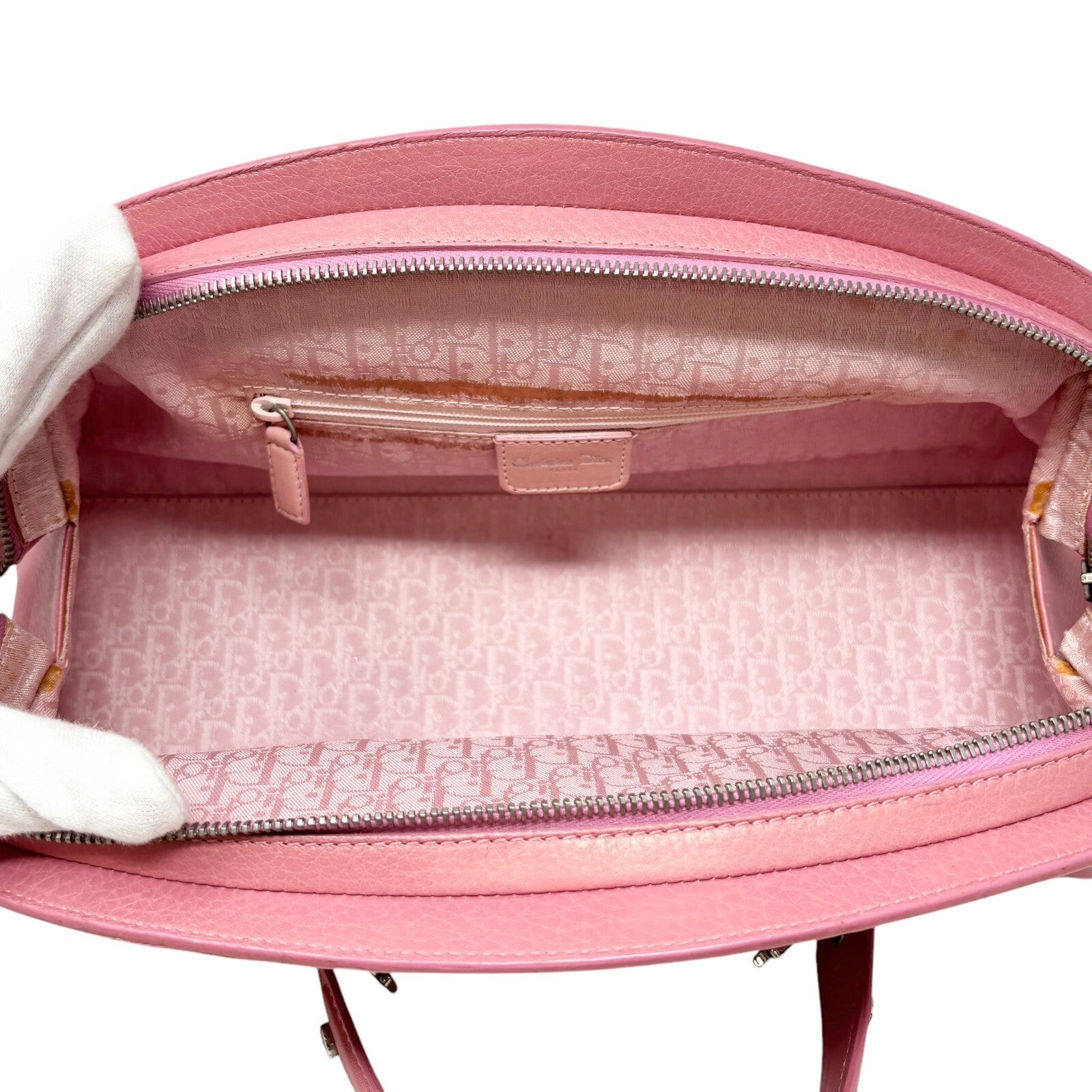Christian Dior Vintage 2005 Logo Embroidered Mini Boston Bag Pink Silver Leather