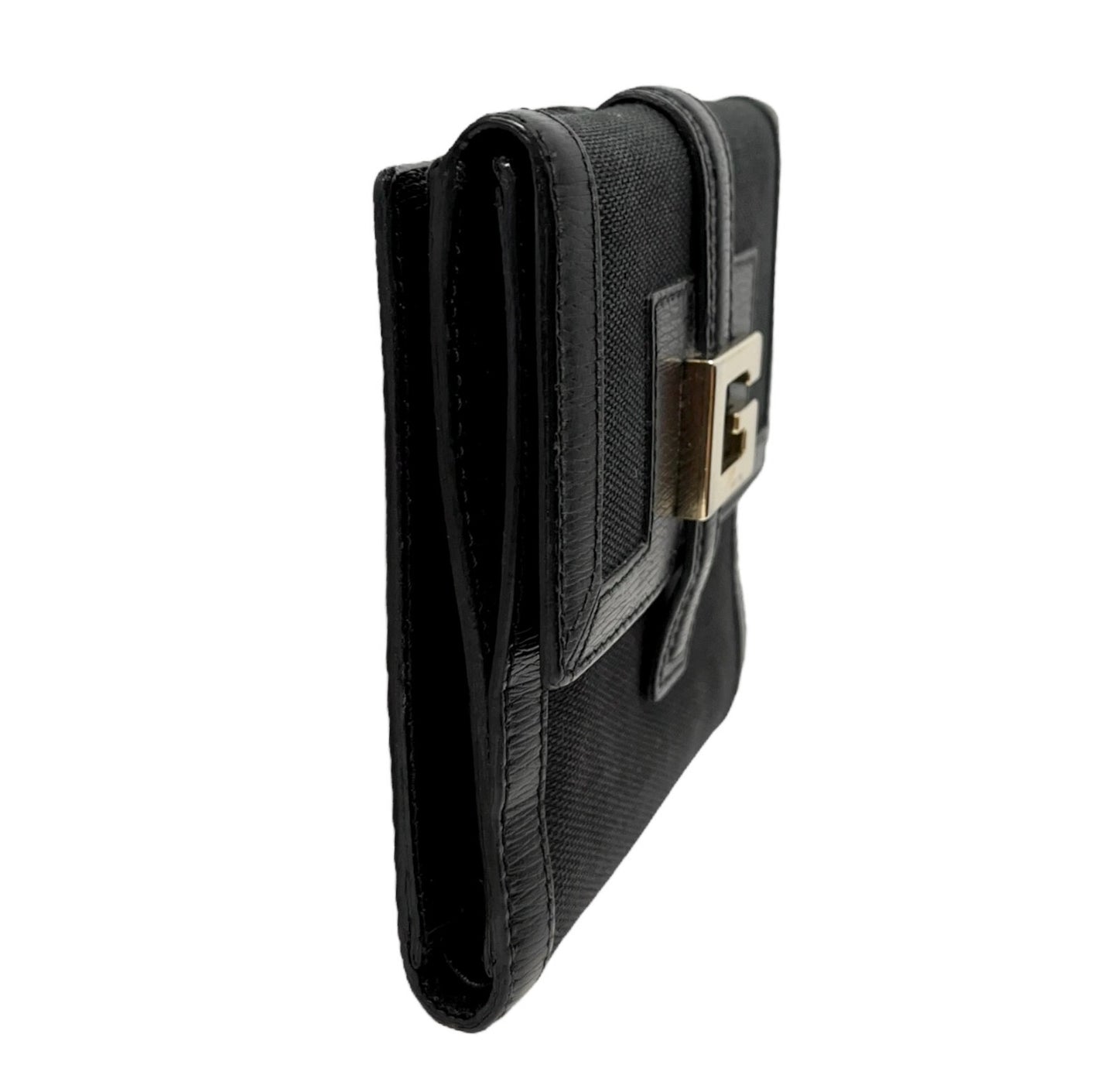 GUCCI Vintage G Square Logo Compact Wallet Button Black Gold Cotton