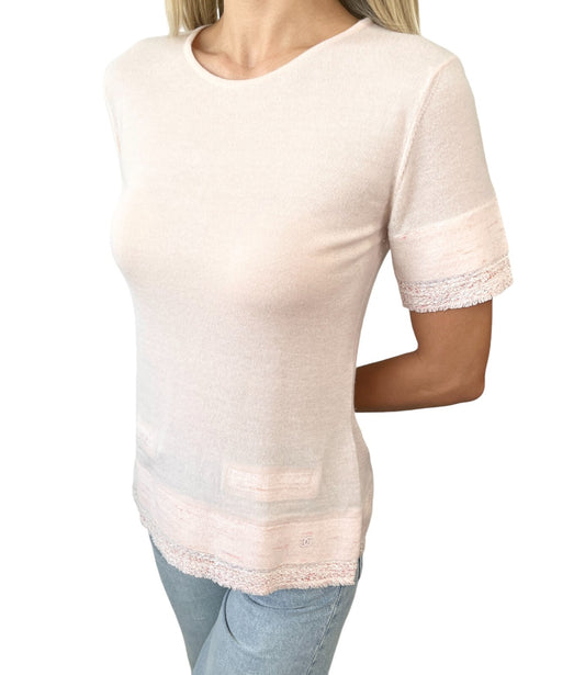 CHANEL Vintage 05C CC Mark Logo Knit T-shirt Top #36 Pink Cashmere Tweed RankAB