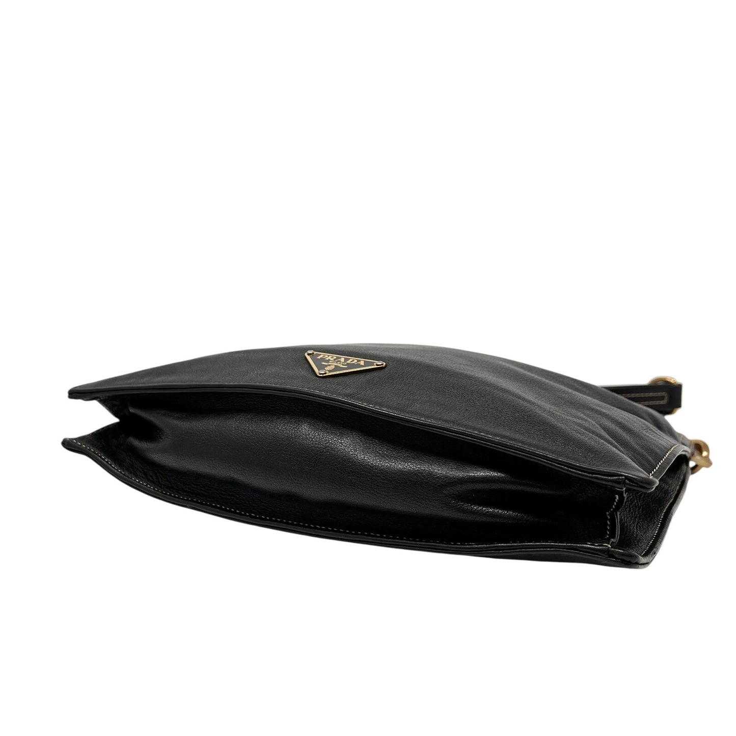 PRADA Vintage Logo Shoulder Bag Square Stitch Magnetic Black Gold Leather