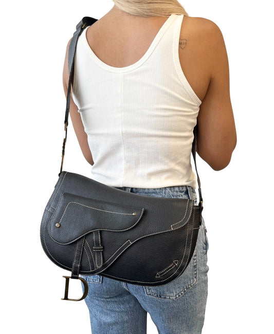Christian Dior Vintage 2002 Double Saddle Leather Shoulder Bag Black Stitch