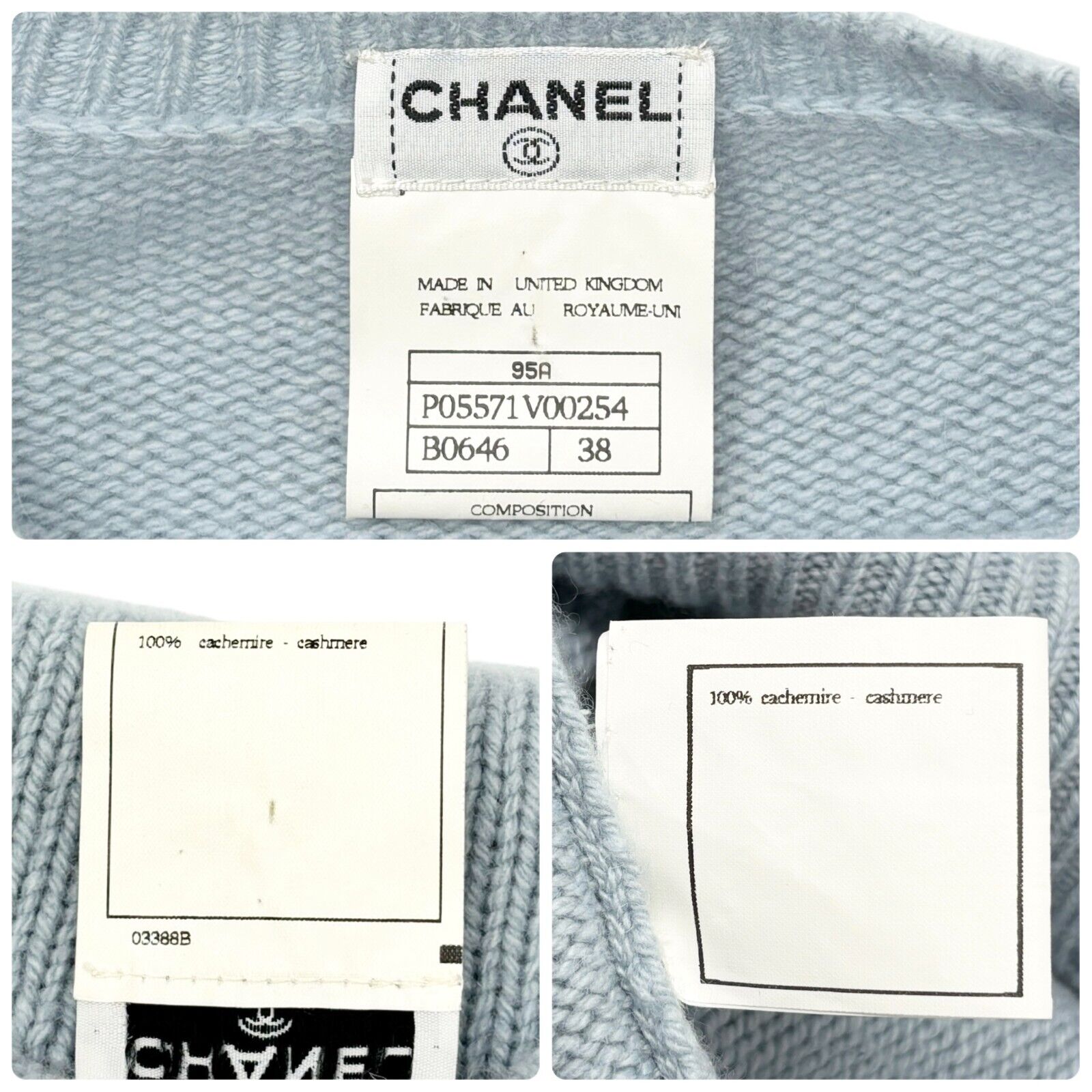 CHANEL Vintage 95A CC Ribbon Logo Sweater #38 Long Sleeve Top Blue Cashmere