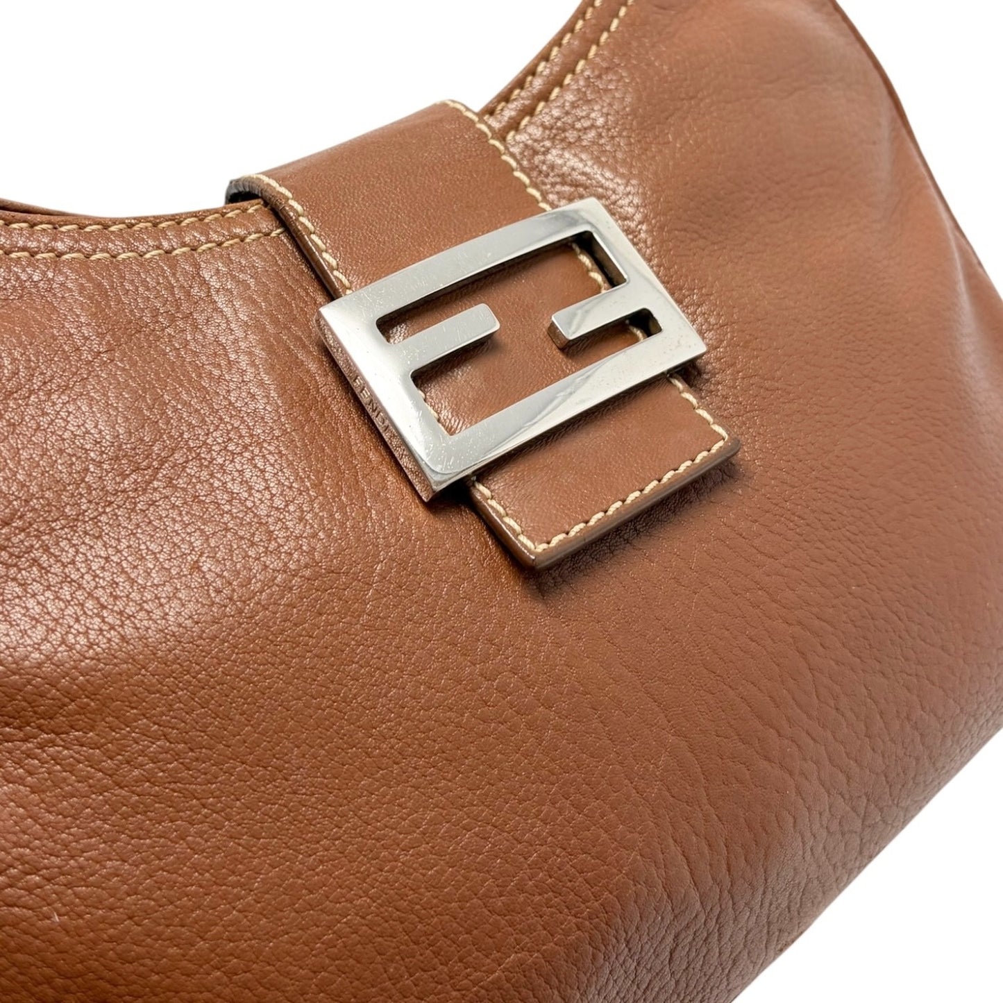 FENDI Vintage FF Logo Mamma Baguette Shoulder Bag Brown Silver Leather 902448