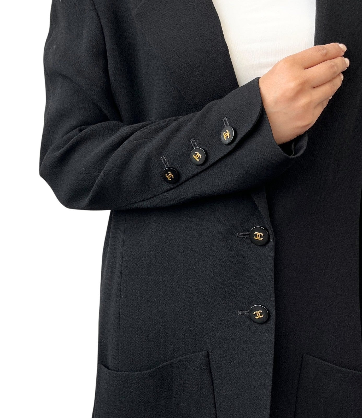 CHANEL Vintage 1994 CC Logo Collared Jacket #L Black Gold Button Wool Pocket