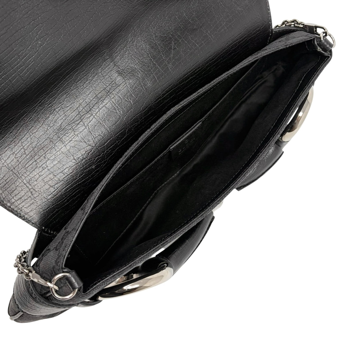 GUCCI Vintage Horsebit GG Monogram Chain Shoulder Bag Black Silver 902485