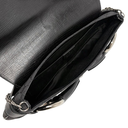 GUCCI Vintage Horsebit GG Monogram Chain Shoulder Bag Black Silver 902485