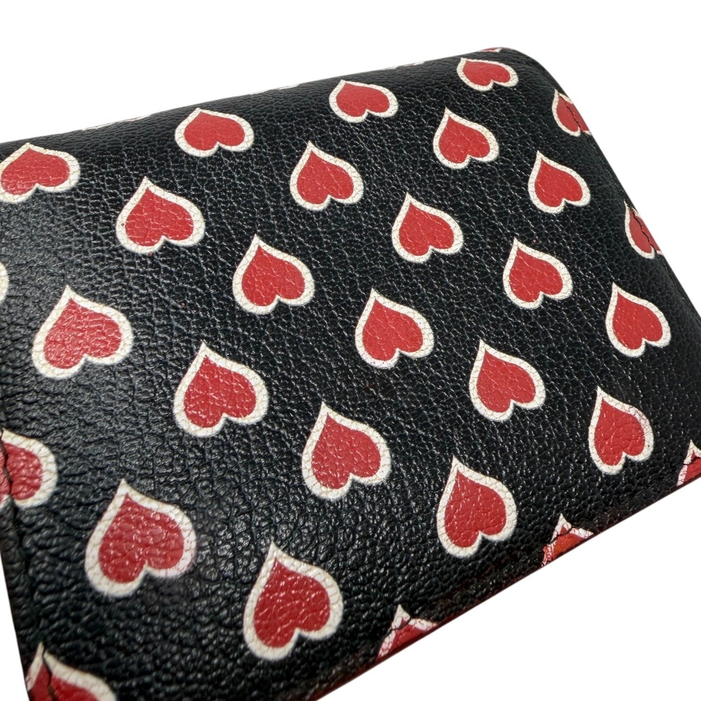 miumiu Vintage Logo Heart Print Mini Bifold Wallet Black Red Leather 901983