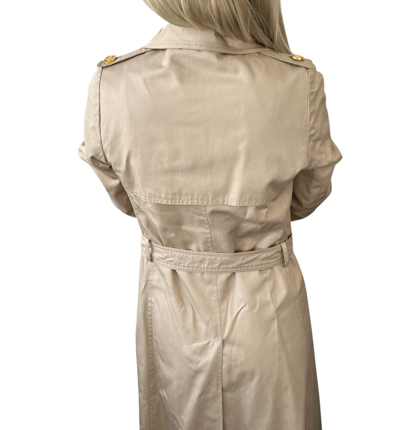CELINE Vintage Macadam Logo Button Trench Coat Long Jacket #40 Beige Gold Cotton