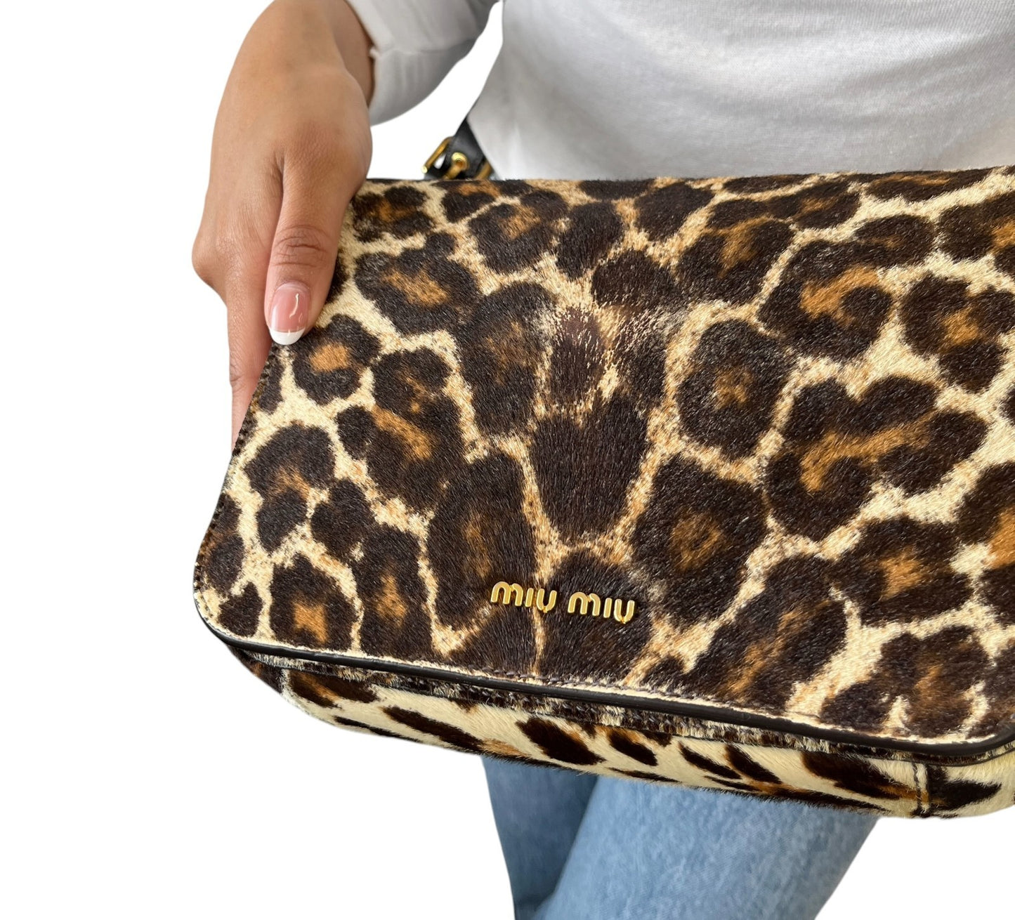 miumiu Vintage Leopard Pony Calf Hair Crossbody Bag Brown Gold Leather 902218