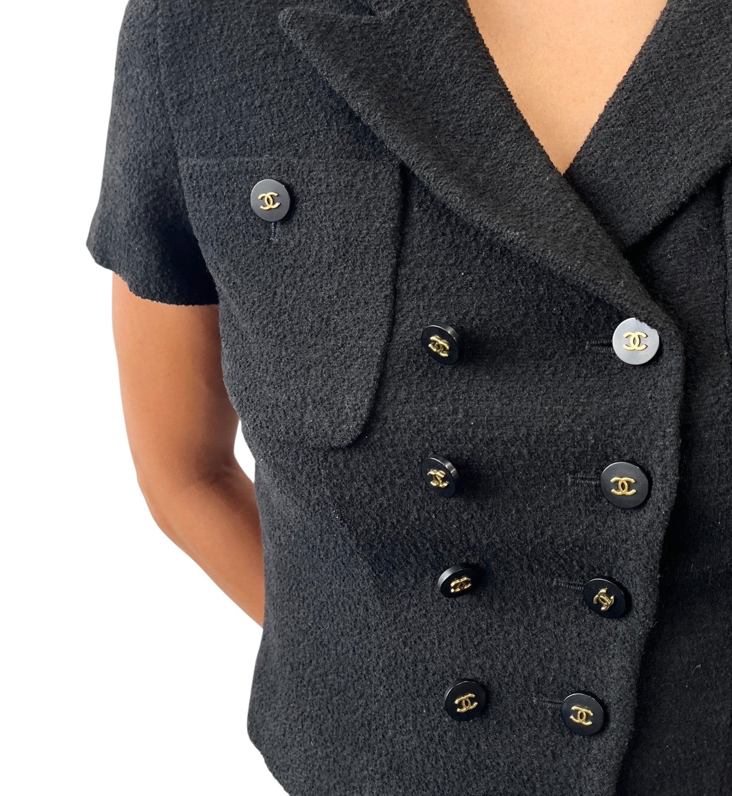 CHANEL Vintage 95P CC Mark Logo Cropped Jacket #36 Button Black Gold Wool