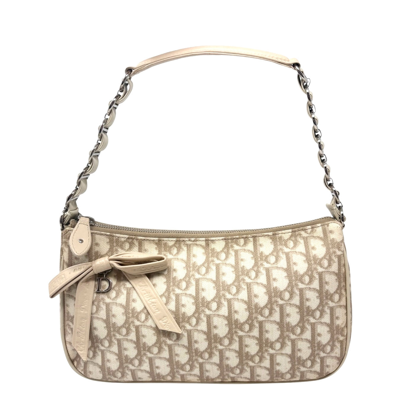 Christian Dior Vintage 2007 Romantique Trotter Monogram Bag Ribbon Beige 901856
