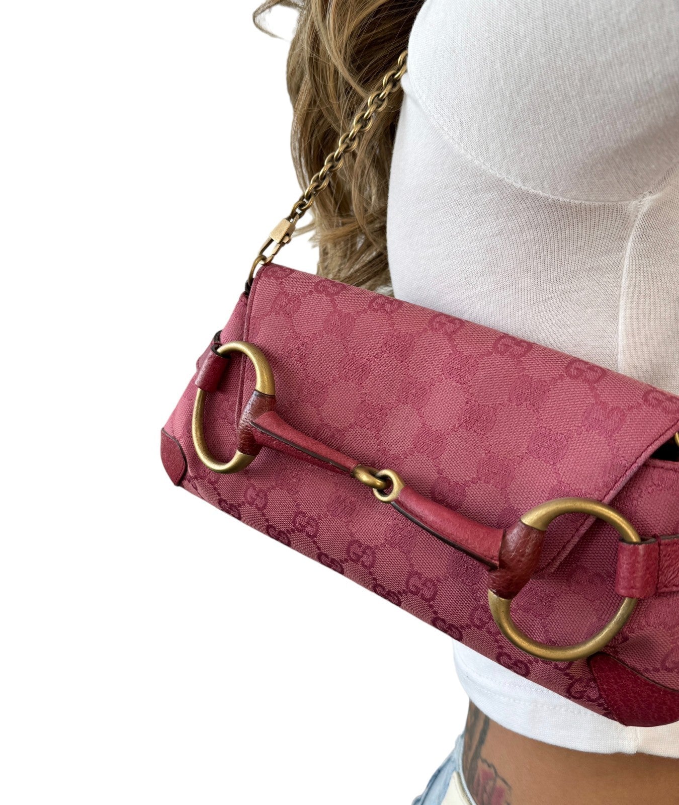 GUCCI Vintage GG Monogram Horsebit Chain Shoulder Bag Pochette Pink 901818