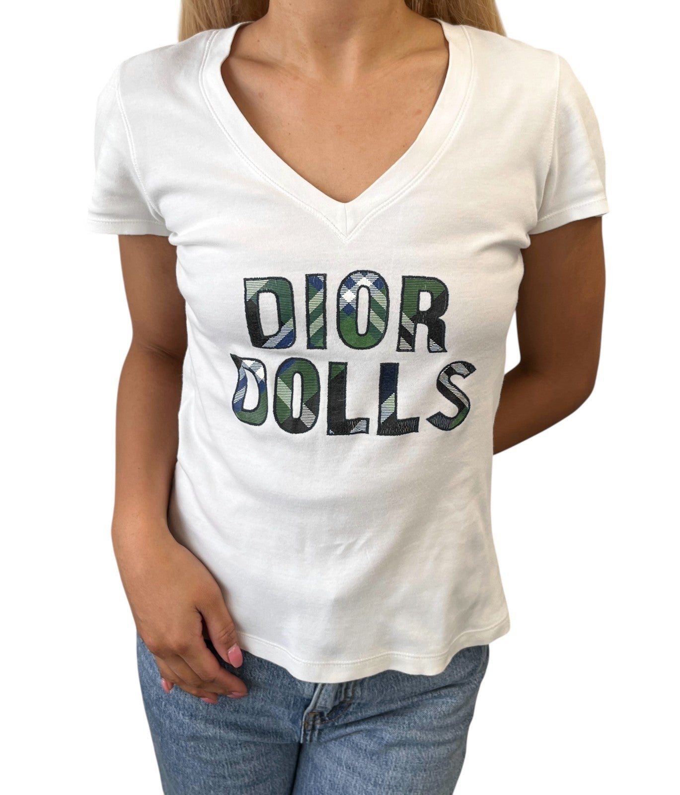 Christian Dior Vintage 2004 Dolls Logo V-neck T-shirt Top #36 White Cotton