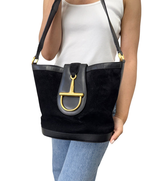 GUCCI Vintage Logo Horsebit Suede Bucket Shoulder Bag Black Gold 902395