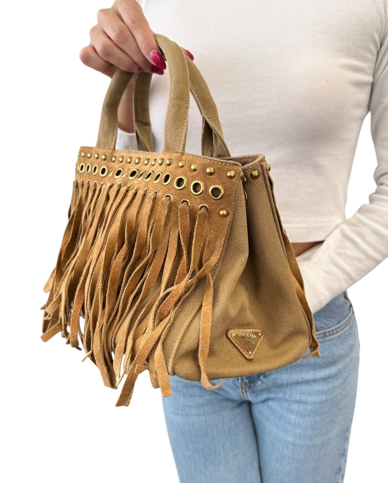 PRADA Vintage Logo Fringe Tote Bag Suede Canvas Brown Camel Gold 901835