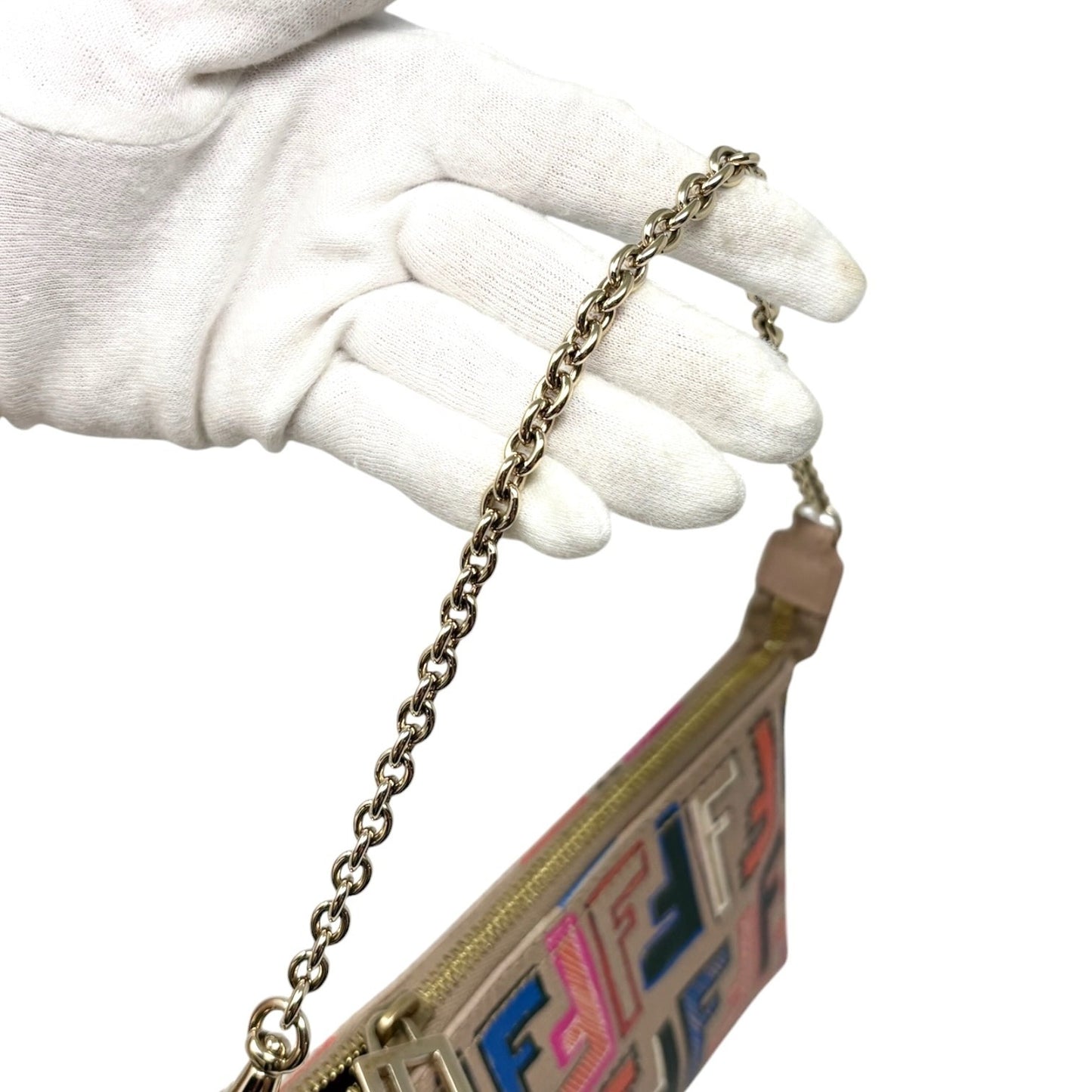 FENDI Vintage Zucca FF Monogram Chain Bag Pochette Beige Multicolor 901881