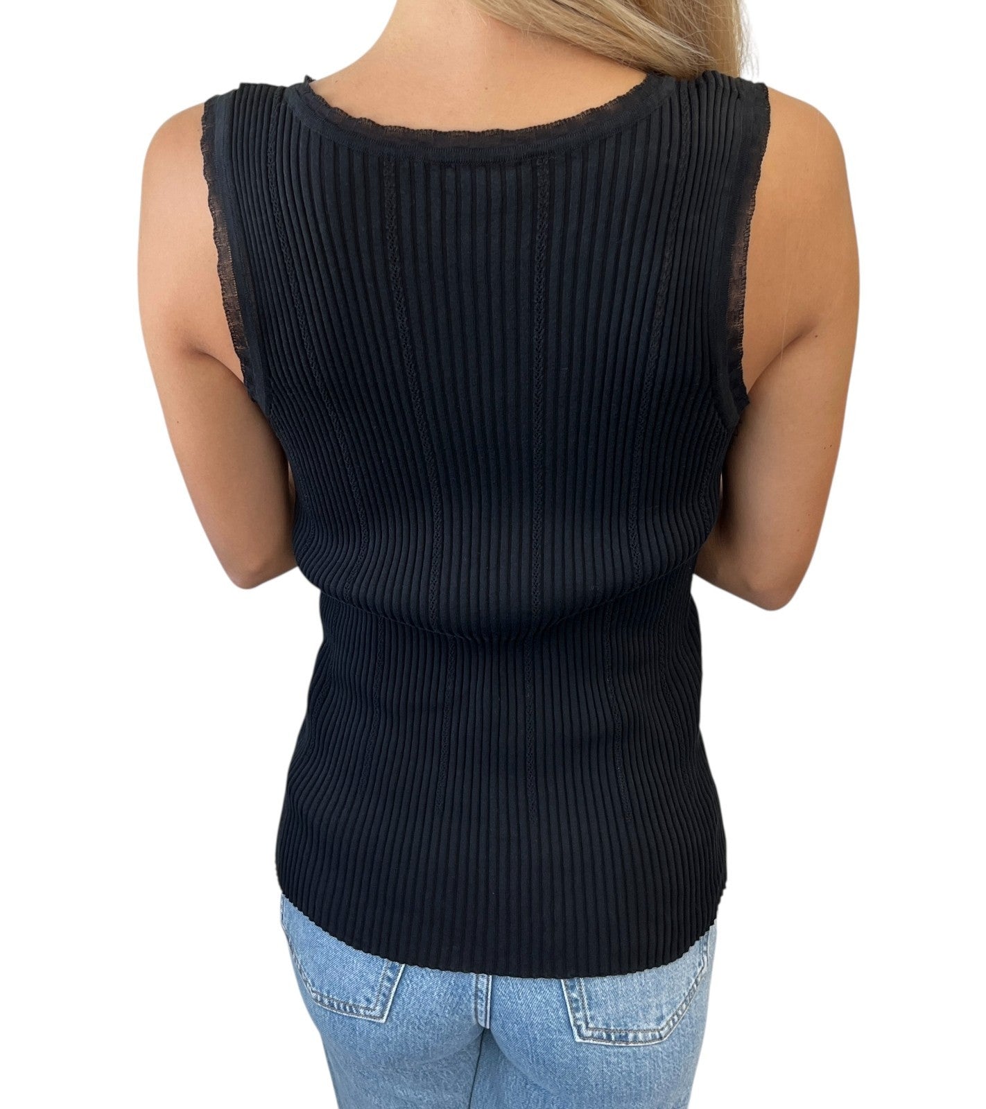 CHANEL Vintage 08P CC Logo Button Ribbed Knit Tank Top #42 Black Silver Cotton