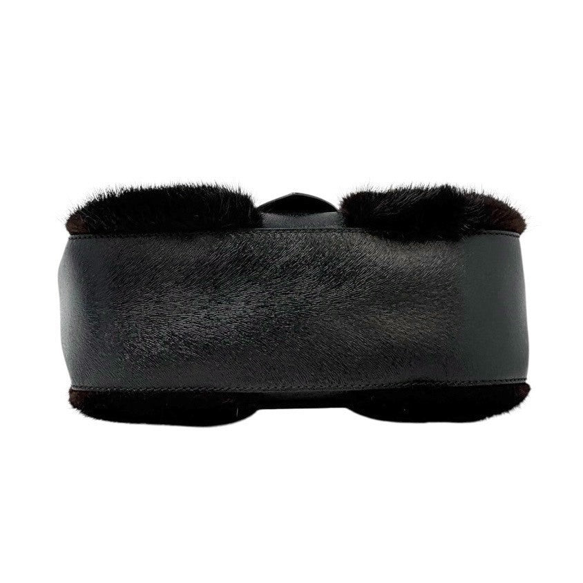 FENDI Vintage Logo Fur Baguette Mini Shoulder Bag Handbag Black Gold Leather