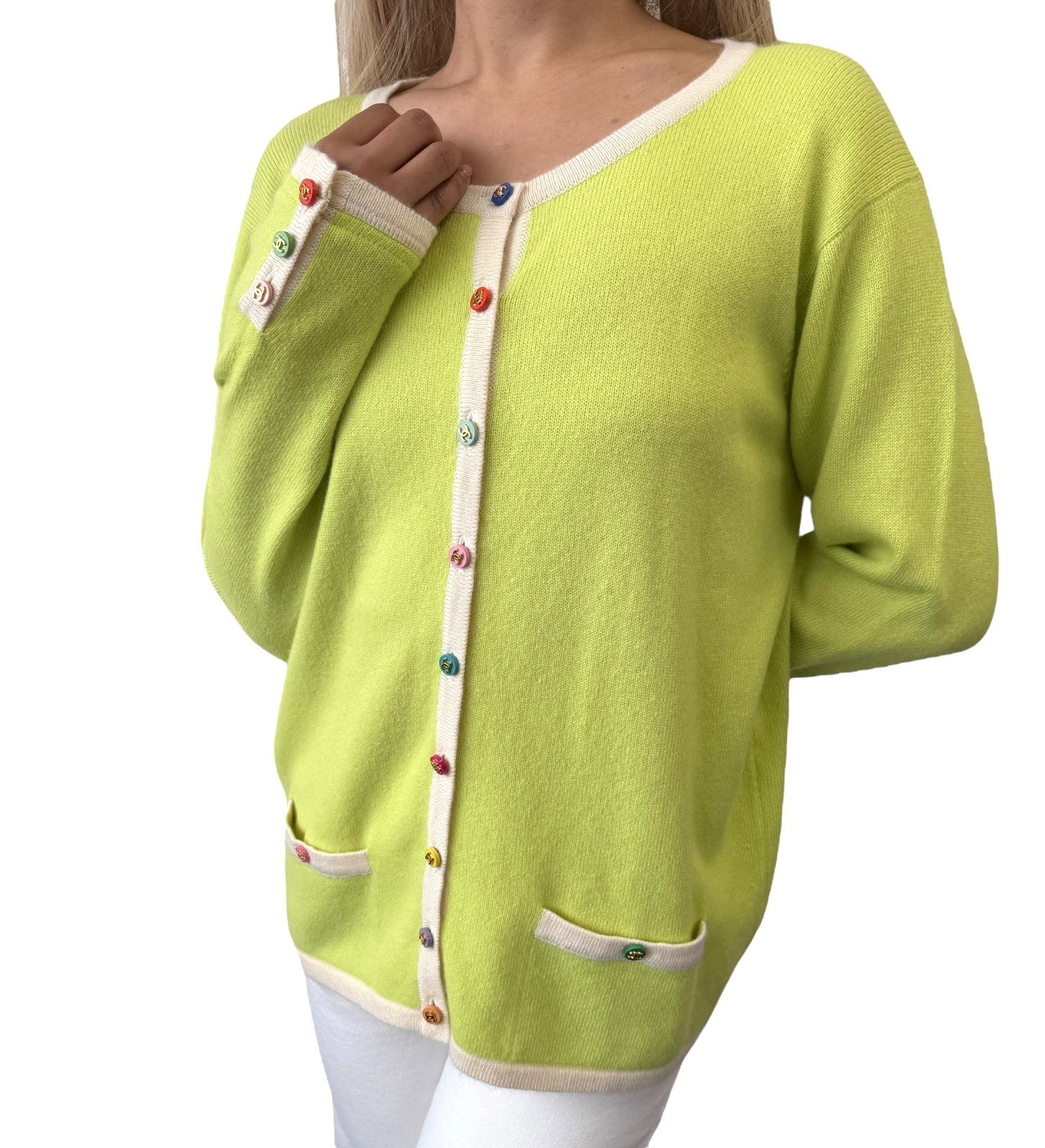 CHANEL Vintage 96C CC Multicolor Button Sweater Cardigan Top Green #44 Cashmere