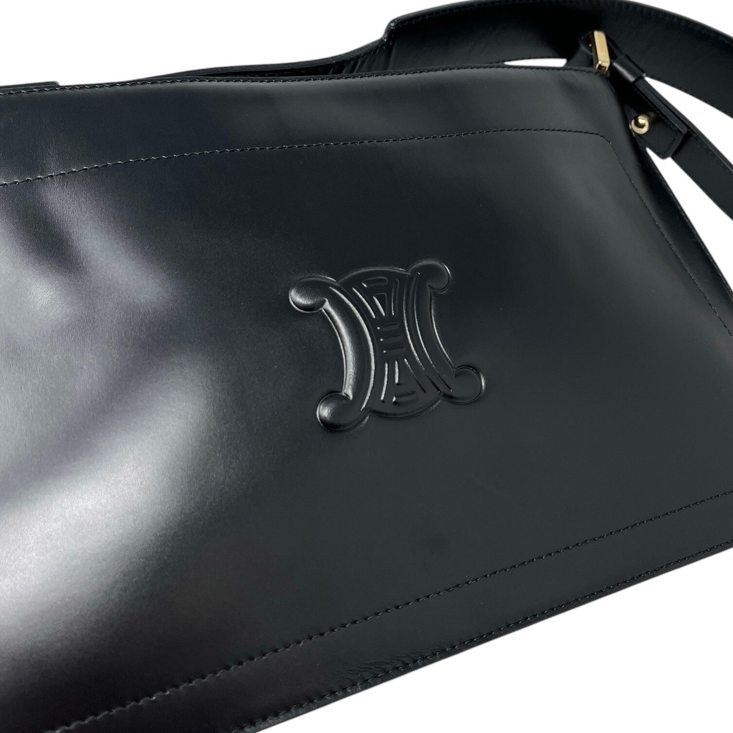 CELINE Vintage Macadam Logo Shoulder Bag Handbag Black Leather Gold Magnetic