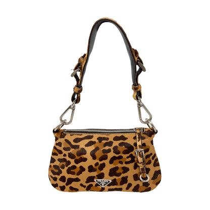 PRADA Vintage Logo Leopard Pony Calf Hair Shoulder Bag Brown Camel 902474
