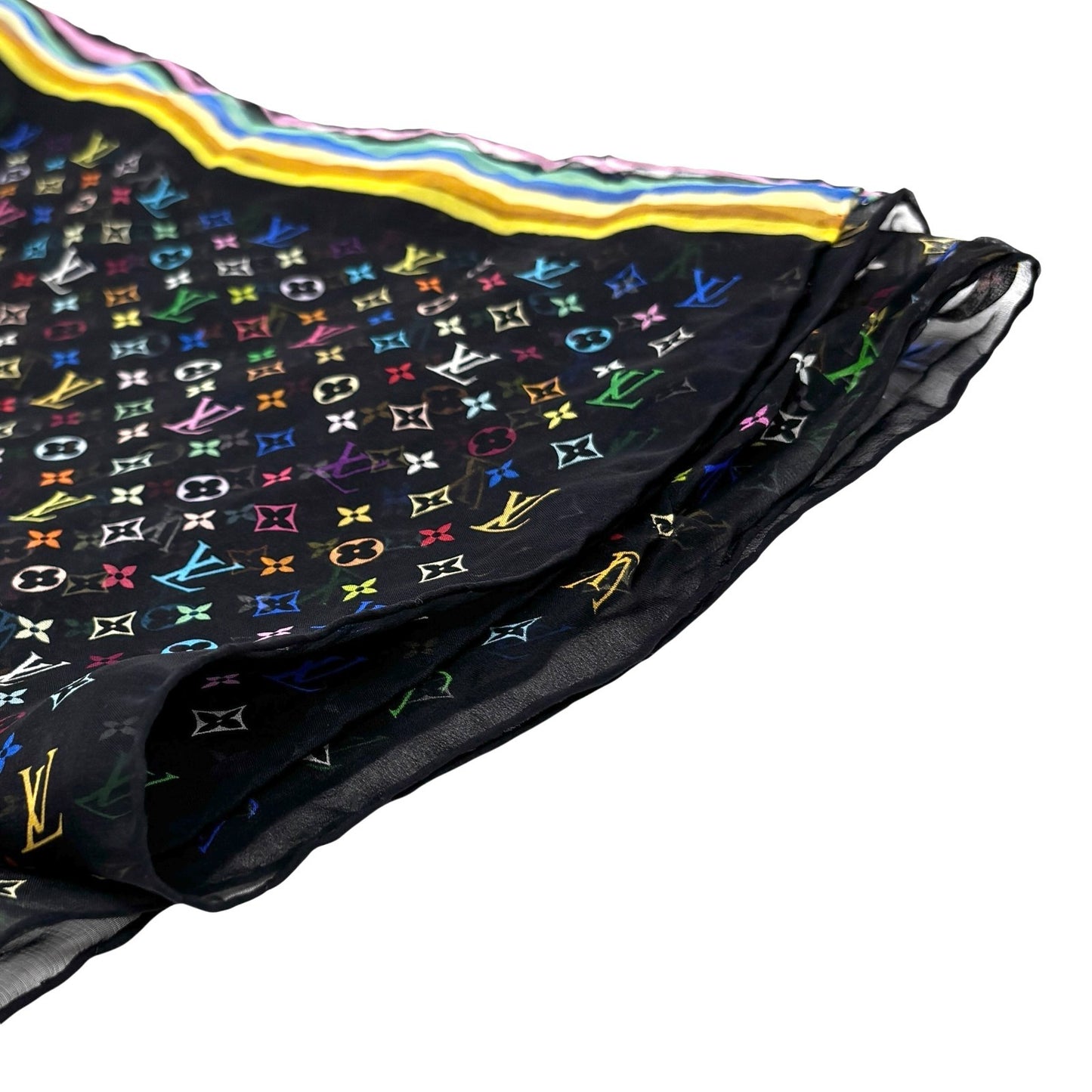LOUIS VUITTON Vintage LV Multicolor Monogram See-through Scarf Wrap Black Silk