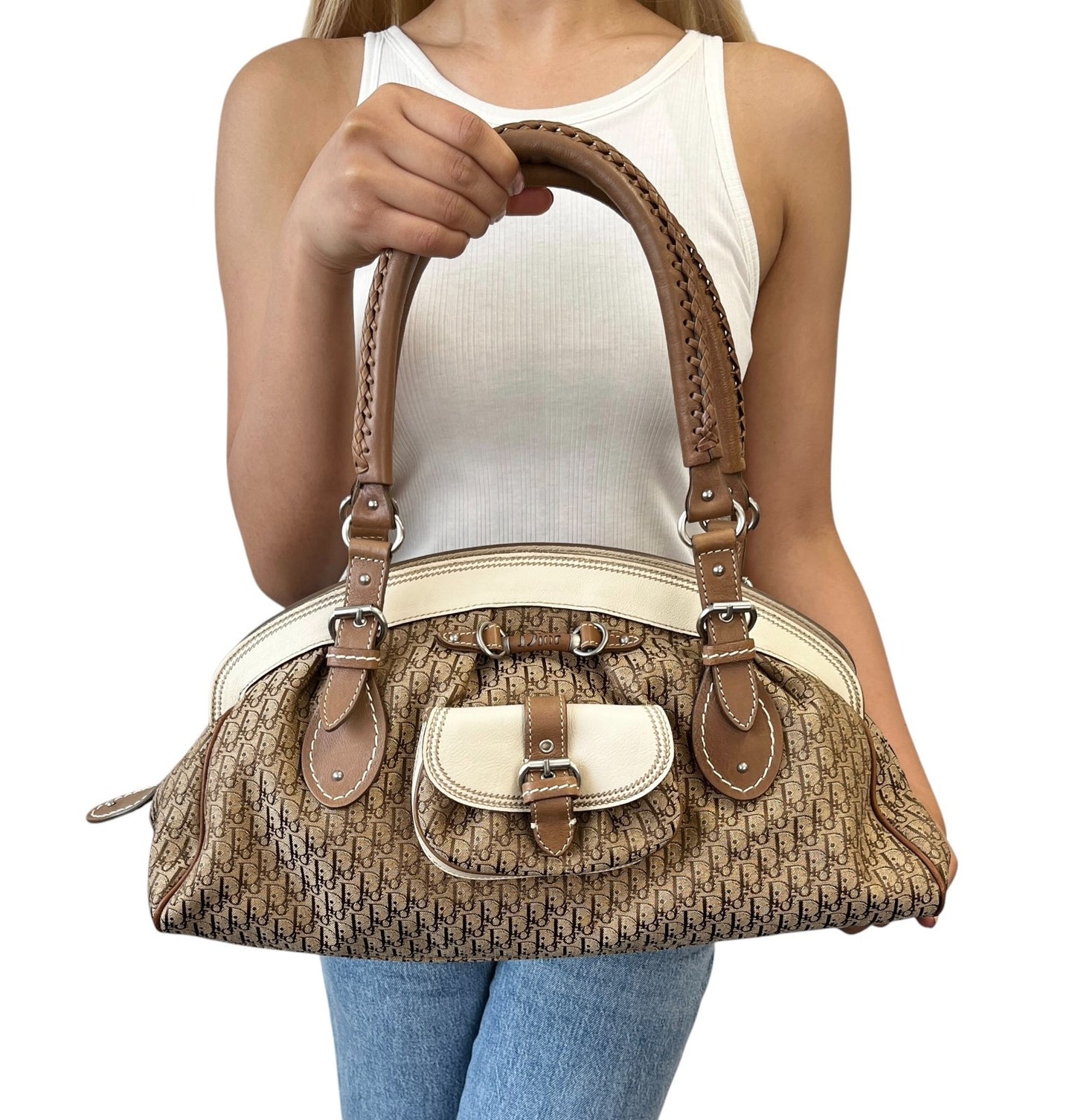 Christian Dior Vintage 2006 Trotter Monogram Shoulder Bag Beige Canvas 902543
